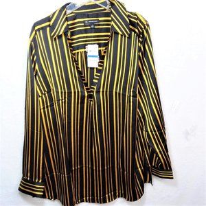 INTERNATIONAL CONCEPTS  Black Gold Striped V-Neck Shiny Sateen Pullover Blouse